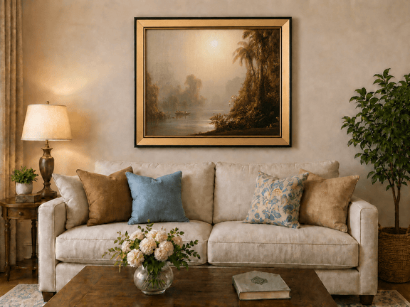 Misty tropical river with palms and sun glow landscape oil painting displayed in a styled home interior.