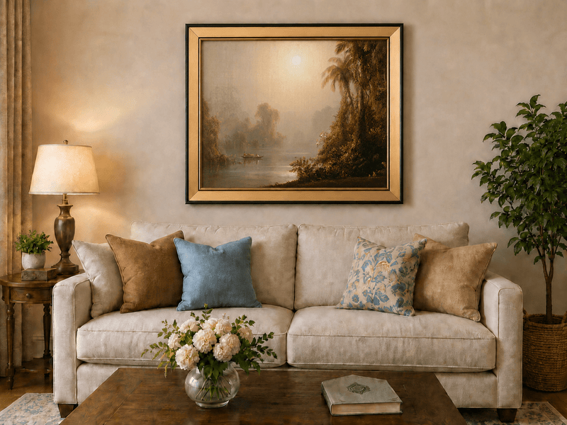 Misty tropical river with palms and sun glow landscape oil painting displayed in a styled home interior.