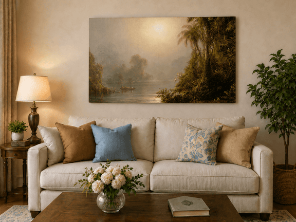 Tropical palms and river hand-painted oil artwork displayed in a second interior view.