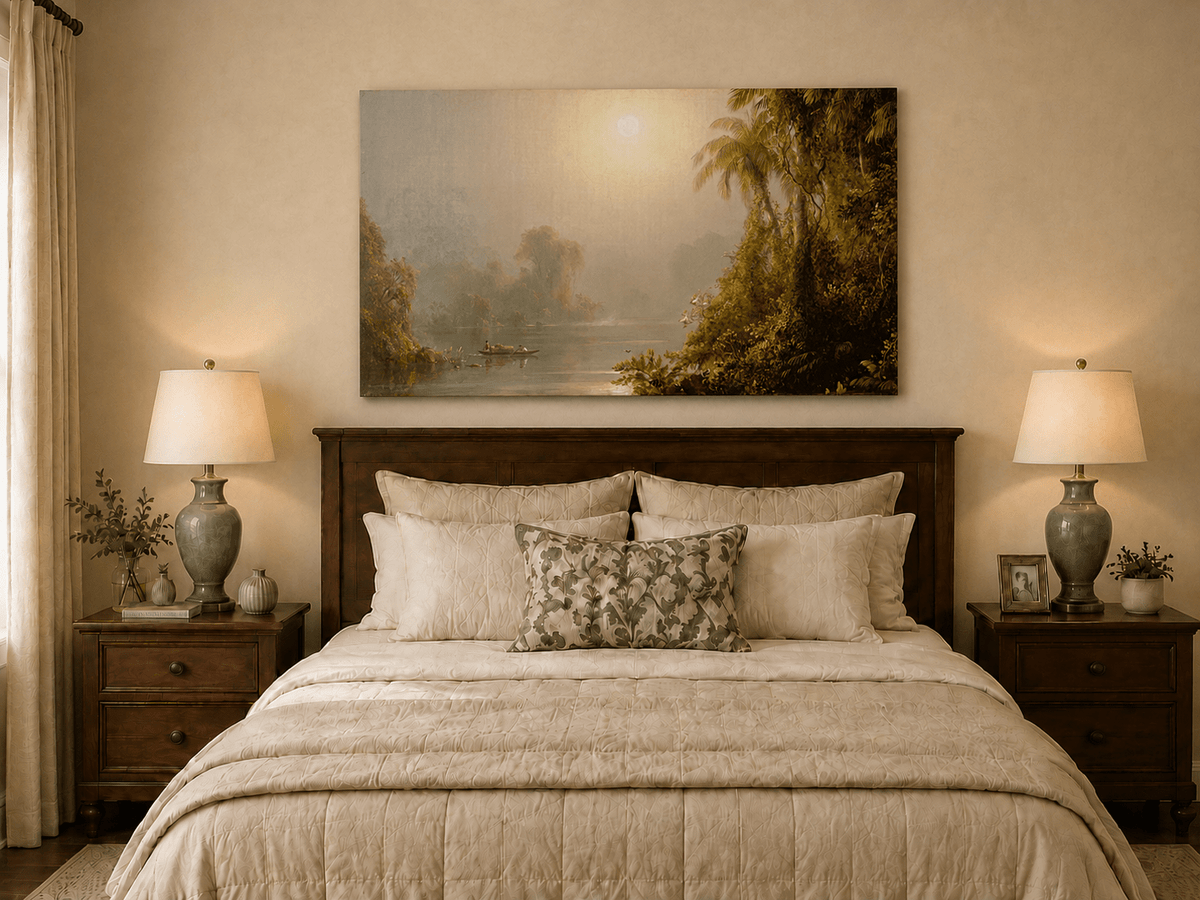 Tropical river and glowing sun oil painting displayed as landscape wall decor.