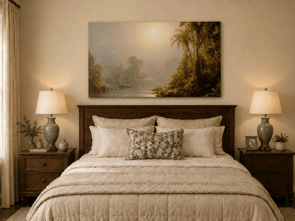 Tropical river and glowing sun oil painting displayed as landscape wall decor.