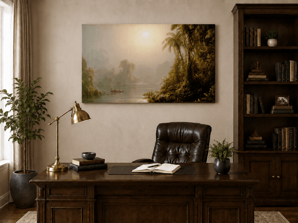 Interior wall art view featuring a misty tropical river, palms and sun glow oil painting.