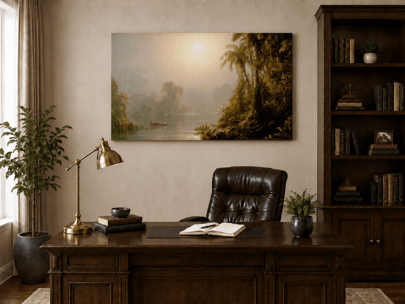 Interior wall art view featuring a misty tropical river, palms and sun glow oil painting.