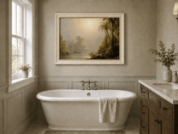 Misty tropical landscape oil painting presented as interior home decor.