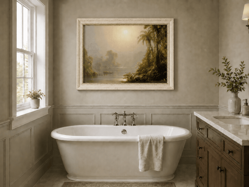 Misty tropical landscape oil painting presented as interior home decor.