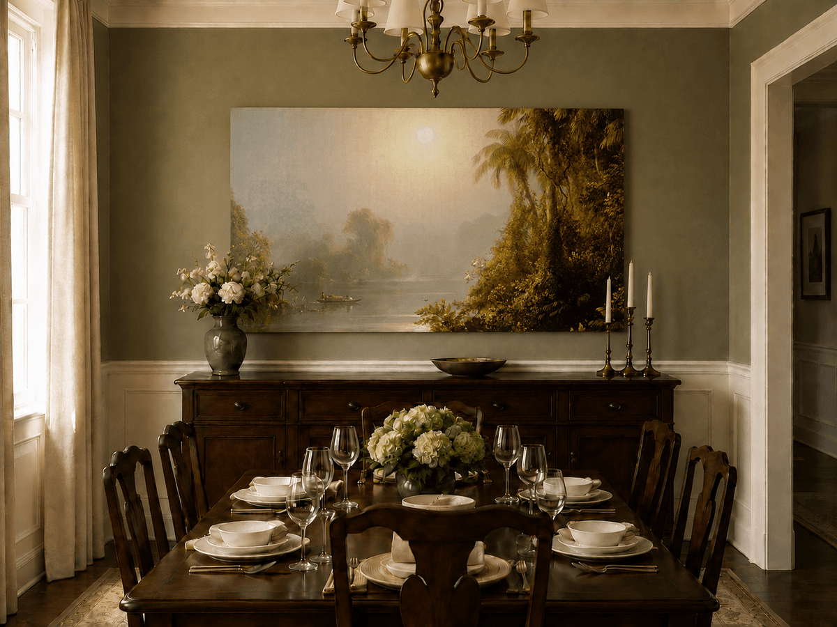 Hand-painted tropical river and palms landscape artwork in an interior display.