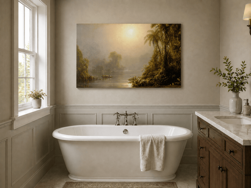 Misty tropical river with palms and sun glow landscape oil painting presented as styled home decor.