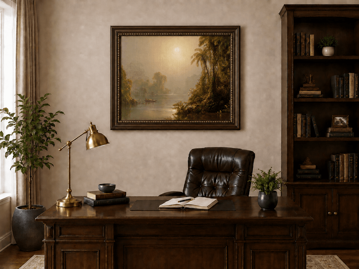 Sun glow across a misty tropical river landscape oil painting presented in an interior wall art mockup.