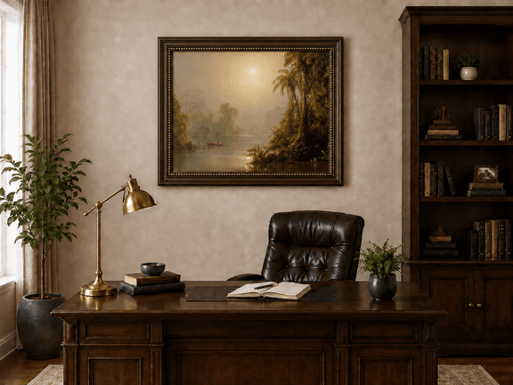 Sun glow across a misty tropical river landscape oil painting presented in an interior wall art mockup.