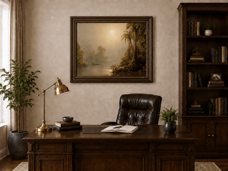 Sun glow across a misty tropical river landscape oil painting presented in an interior wall art mockup.
