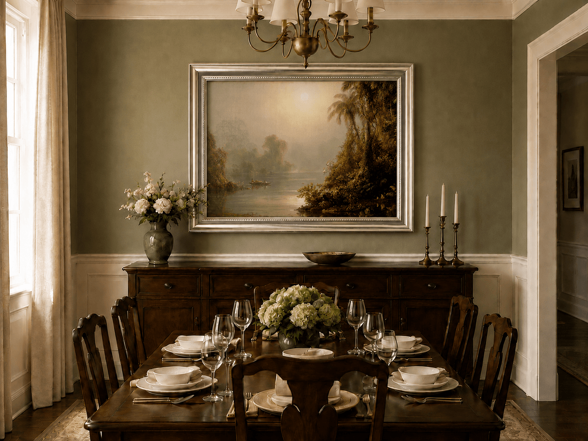 Tropical river and palms oil landscape artwork shown in a styled home interior.