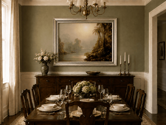 Tropical river and palms oil landscape artwork shown in a styled home interior.