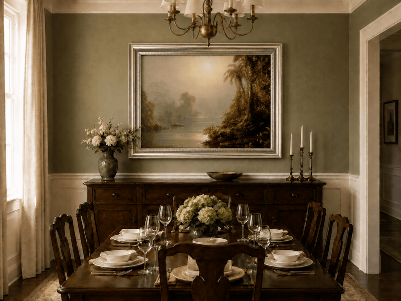 Tropical river and palms oil landscape artwork shown in a styled home interior.