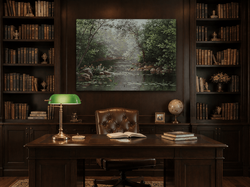 Landscape Oil Painting - Misty Woodland Pond & Lily Pads