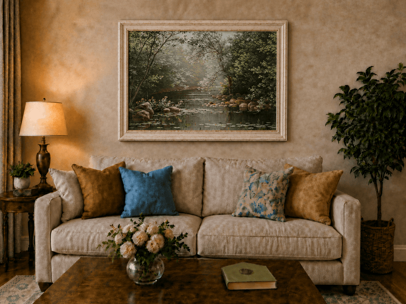 Landscape Oil Painting - Misty Woodland Pond & Lily Pads