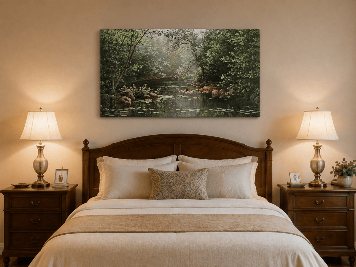 Landscape Oil Painting - Misty Woodland Pond & Lily Pads