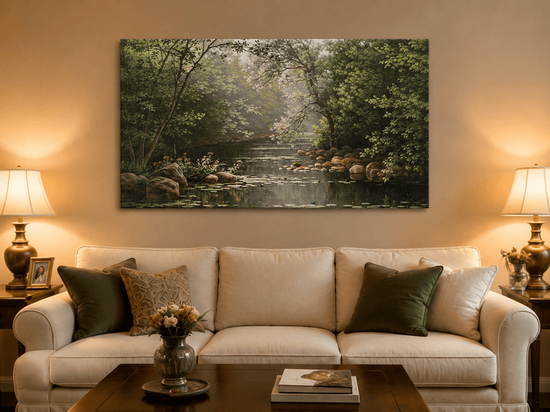 Landscape Oil Painting - Misty Woodland Pond & Lily Pads