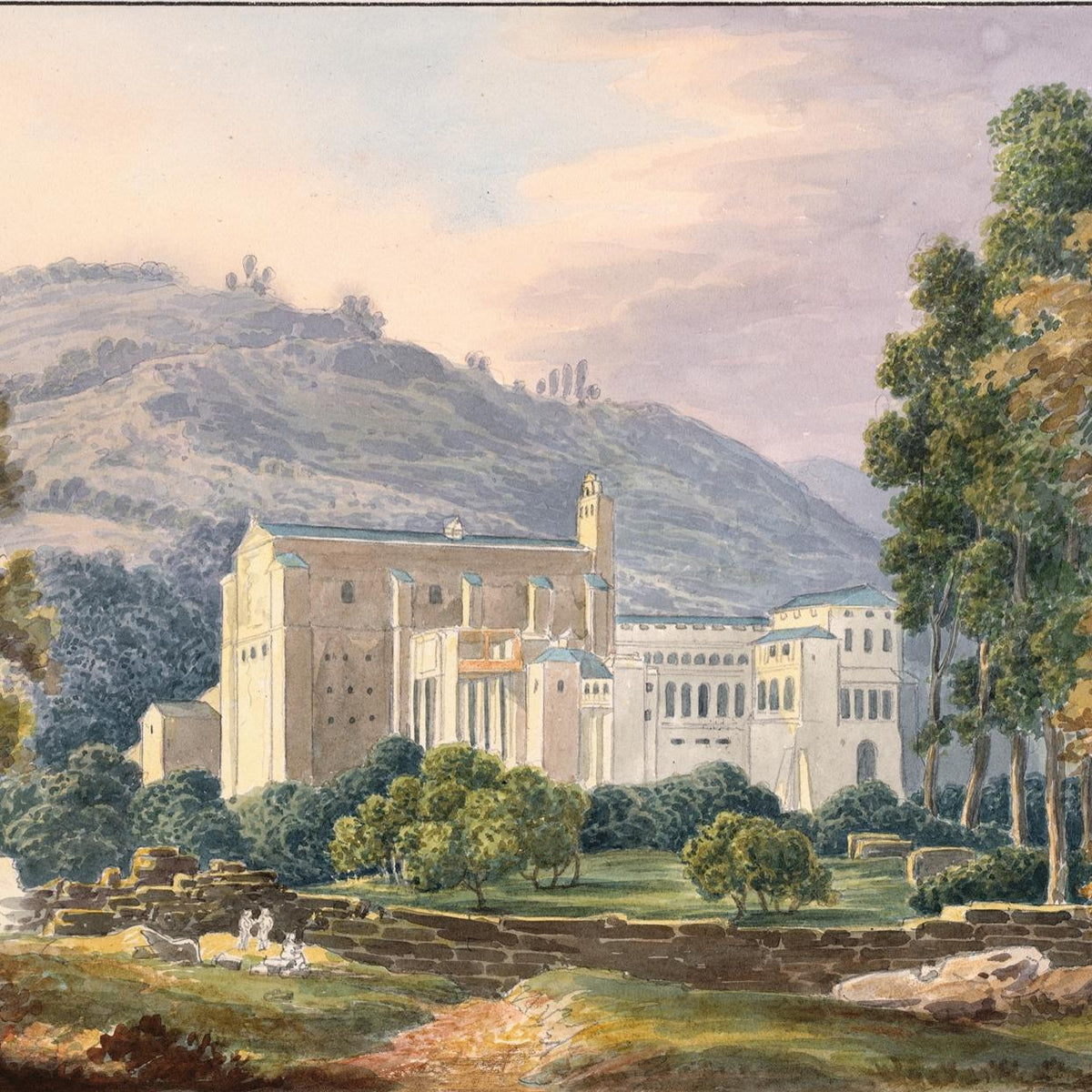 Hand-painted monastery estate in hillside view landscape oil painting on canvas