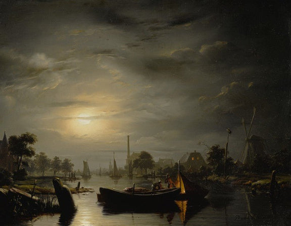 Hand-painted moonlit canal with boats and windmill landscape oil painting on canvas