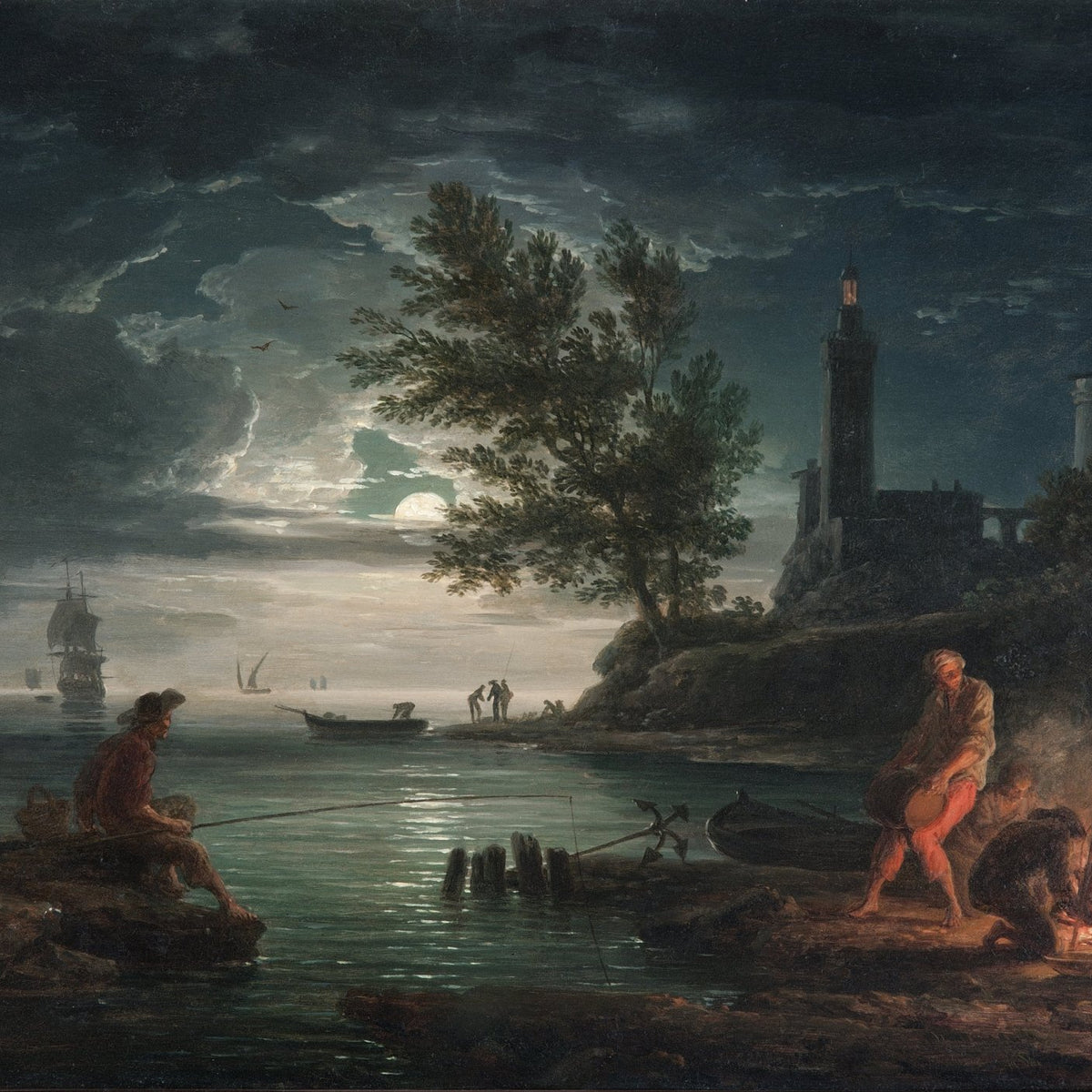 Hand-painted moonlit coast with fishermen and fire landscape oil painting on canvas