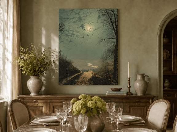 Hand-painted moonlit rainy road landscape artwork in an interior display.