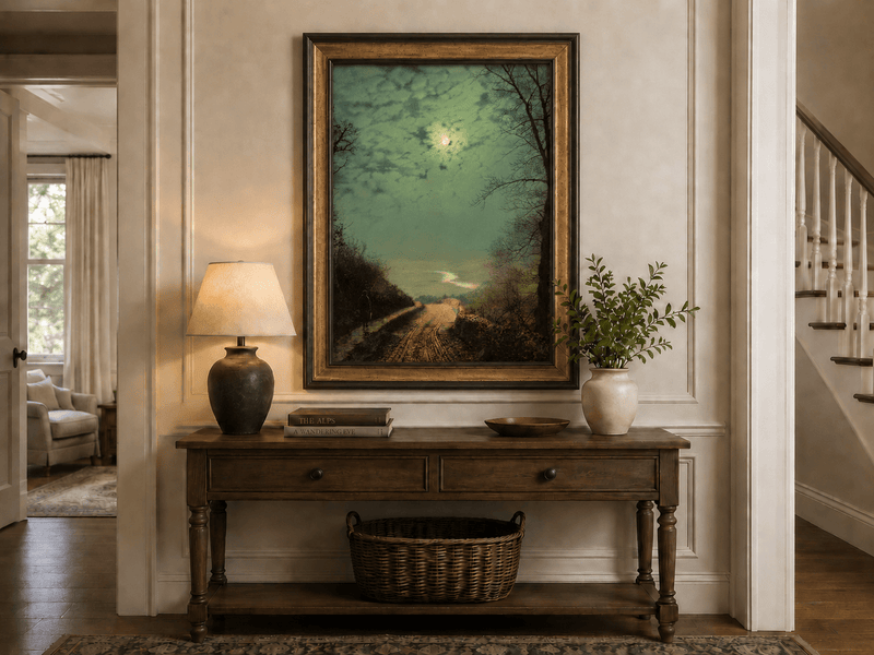 Country road after rain under moonlight hand-painted oil artwork shown as home wall decor.