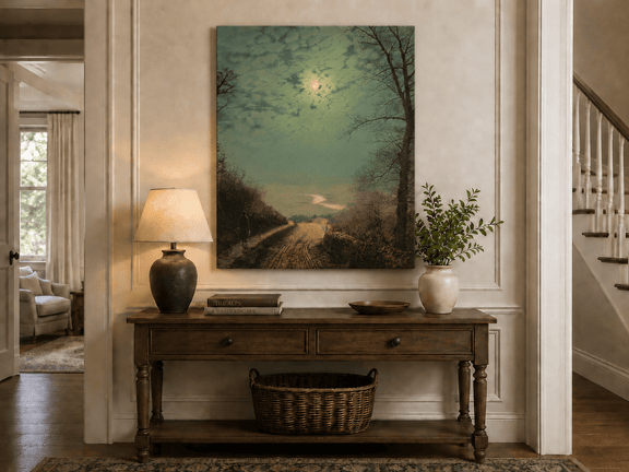 Rainy moonlit road landscape painting shown as decorative oil wall art.