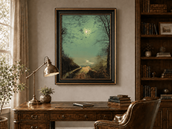 Moonlit country road after rain landscape oil painting presented in an interior wall art mockup.