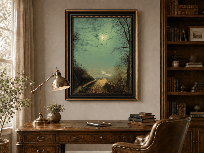Moonlit country road after rain landscape oil painting presented in an interior wall art mockup.
