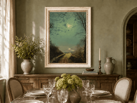 Moonlit wet country road oil landscape artwork shown in a styled home interior.