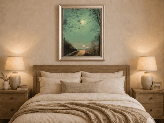Hand-painted rainy country road by moonlight displayed as decorative wall art.