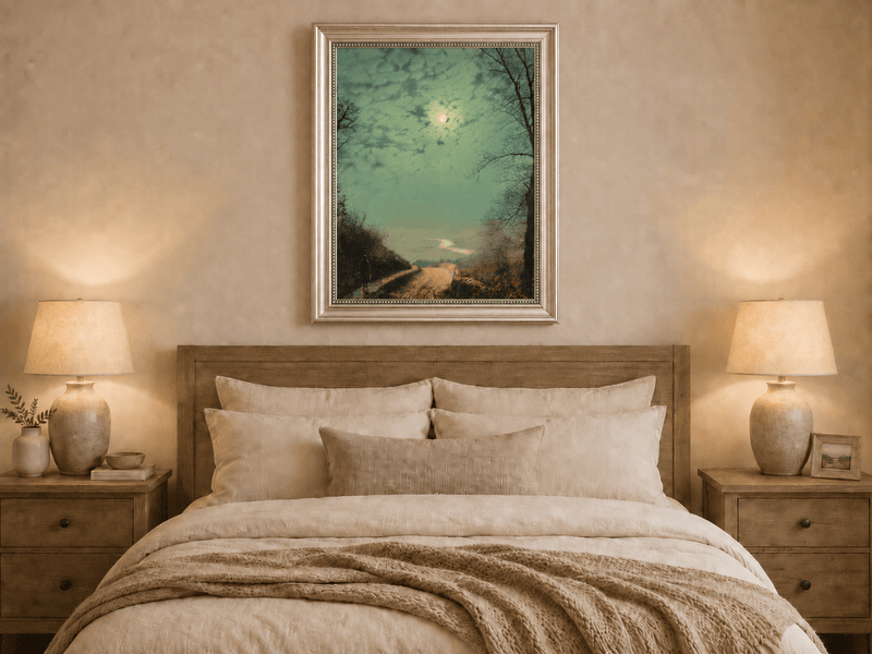 Hand-painted rainy country road by moonlight displayed as decorative wall art.