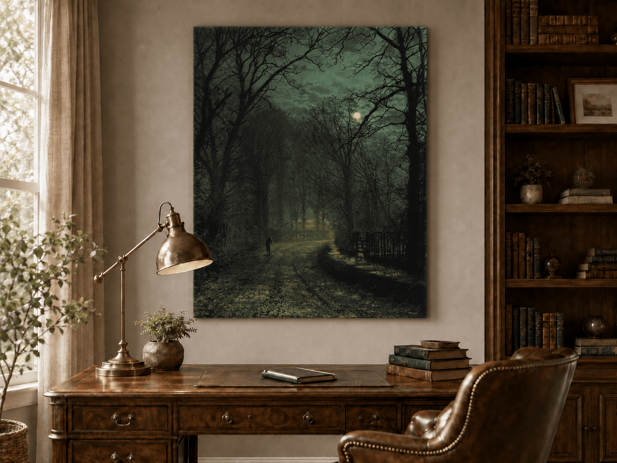 Interior wall art view featuring a moonlit forest lane with lone figure oil painting.