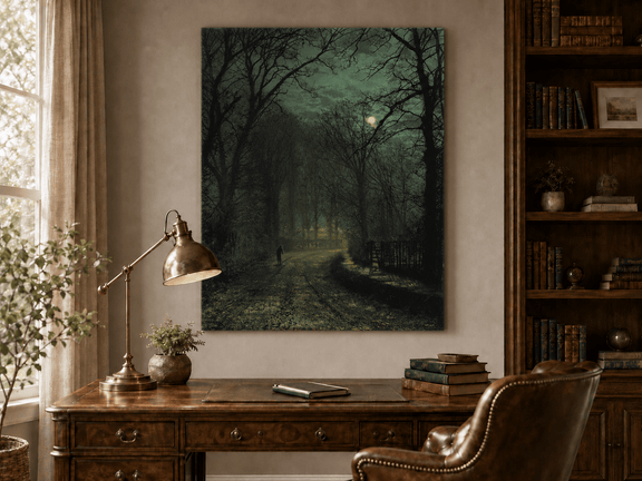 Interior wall art view featuring a moonlit forest lane with lone figure oil painting.