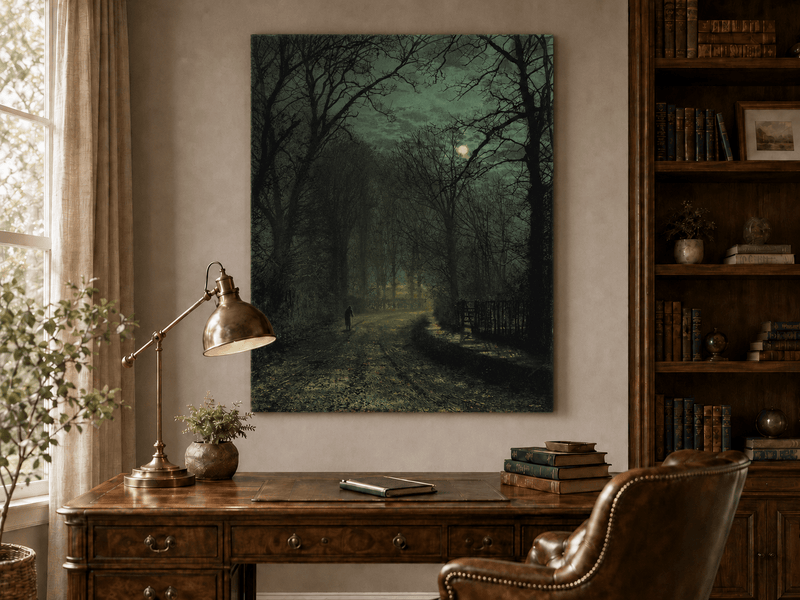 Interior wall art view featuring a moonlit forest lane with lone figure oil painting.