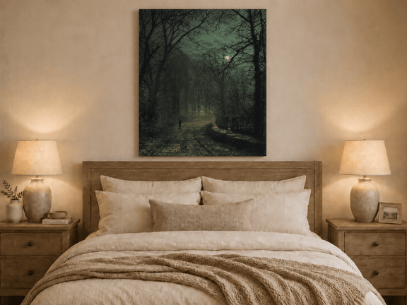 Moonlit forest lane oil painting displayed as landscape wall decor.