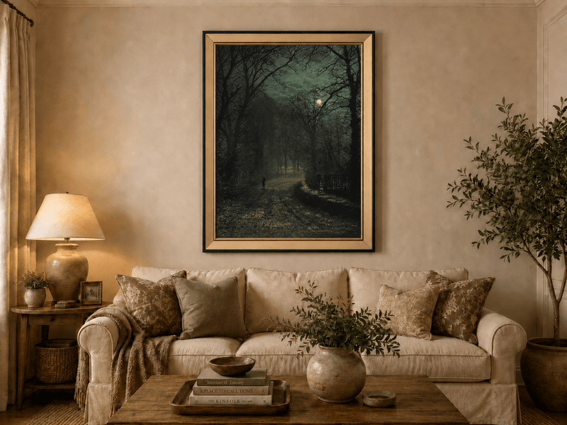 Moonlit forest lane with lone figure landscape oil painting displayed in a styled home interior.