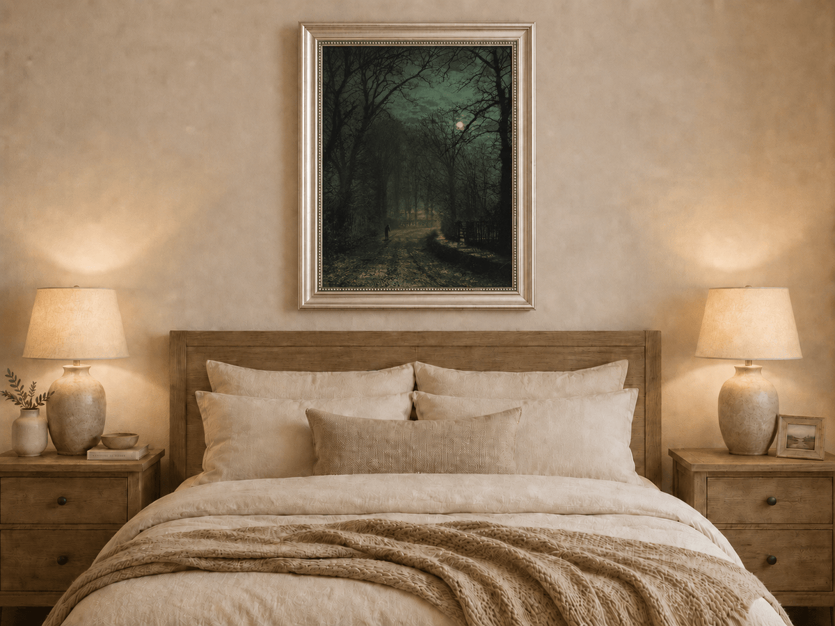 Hand-painted moonlit forest lane with lone figure displayed as decorative wall art.