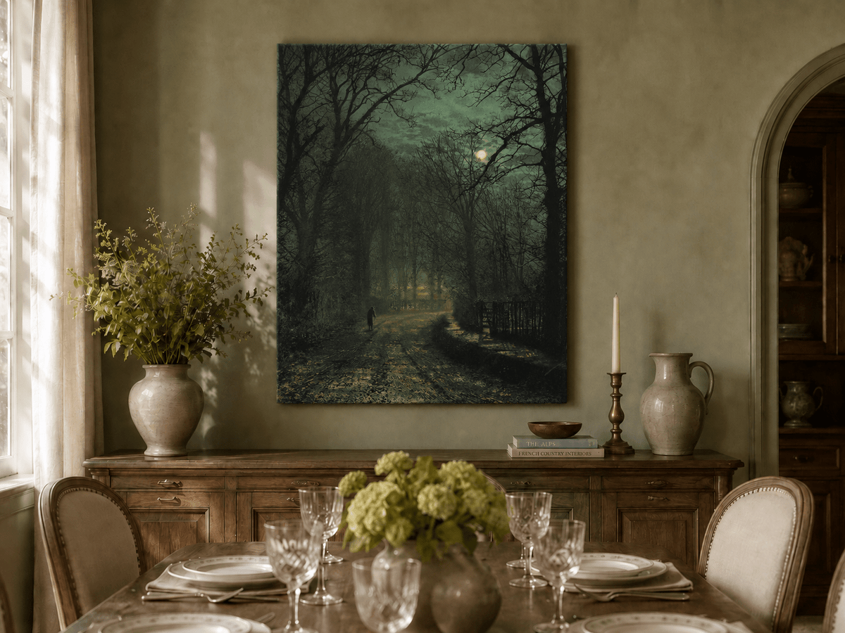 Hand-painted forest lane with lone figure landscape artwork in an interior display.