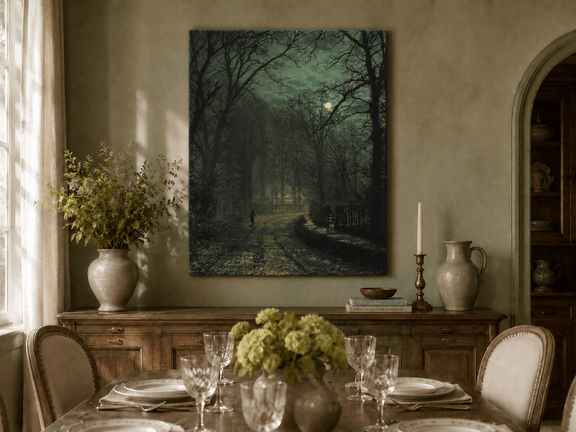 Hand-painted forest lane with lone figure landscape artwork in an interior display.