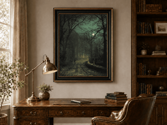 Forest lane by moonlight with a lone figure landscape oil painting presented in an interior wall art mockup.