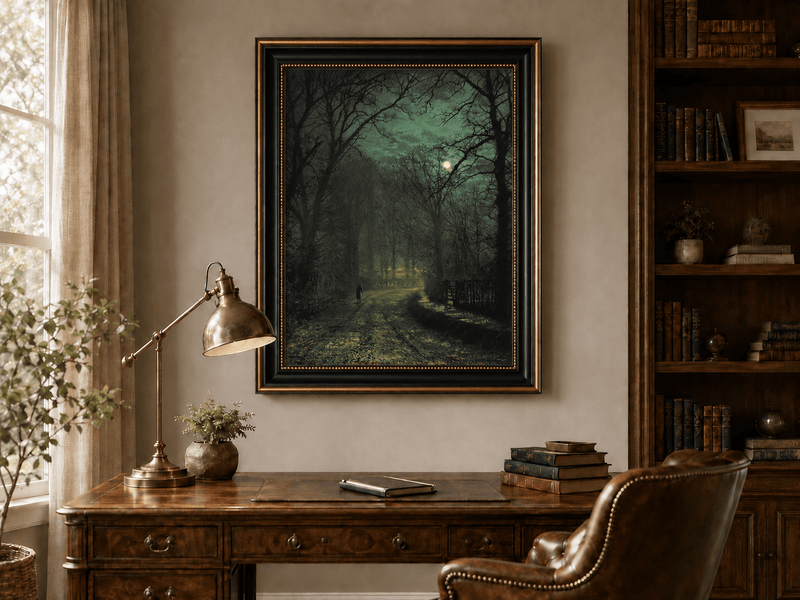 Forest lane by moonlight with a lone figure landscape oil painting presented in an interior wall art mockup.