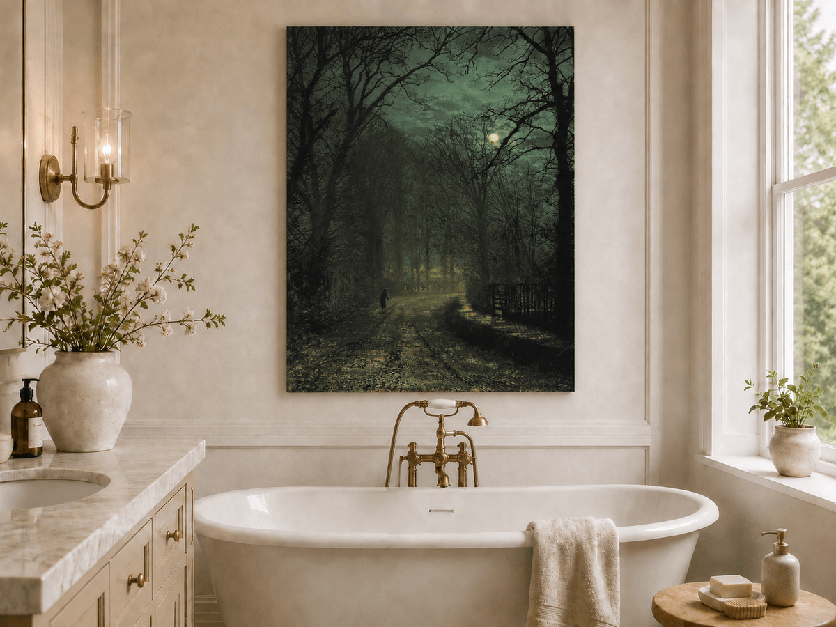 Moonlit forest lane with lone figure landscape oil painting presented as styled home decor.