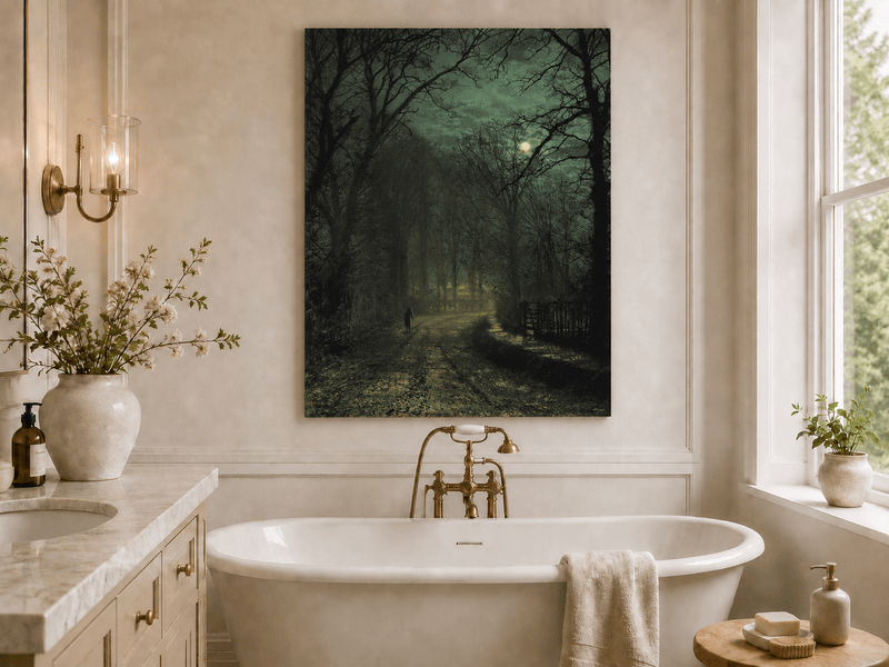 Moonlit forest lane with lone figure landscape oil painting presented as styled home decor.