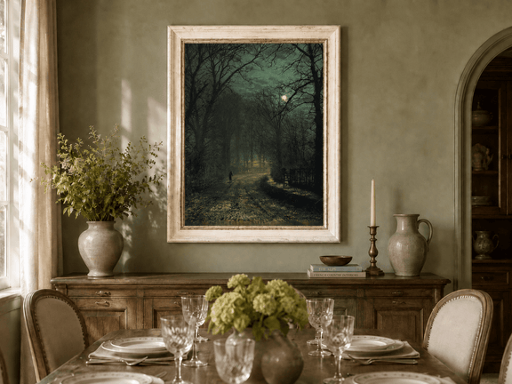 Moonlit forest lane oil landscape artwork shown in a styled home interior.