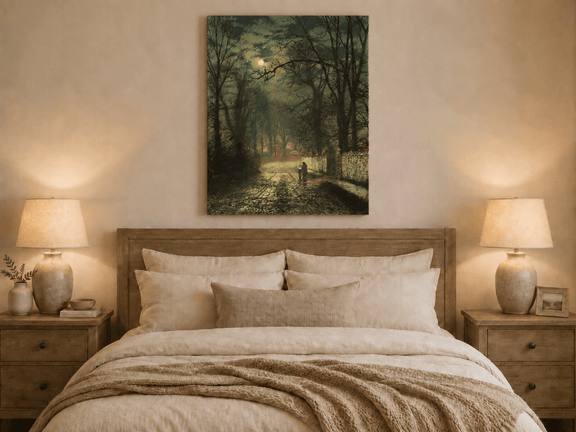 Moonlit forest road oil painting displayed as landscape wall decor.