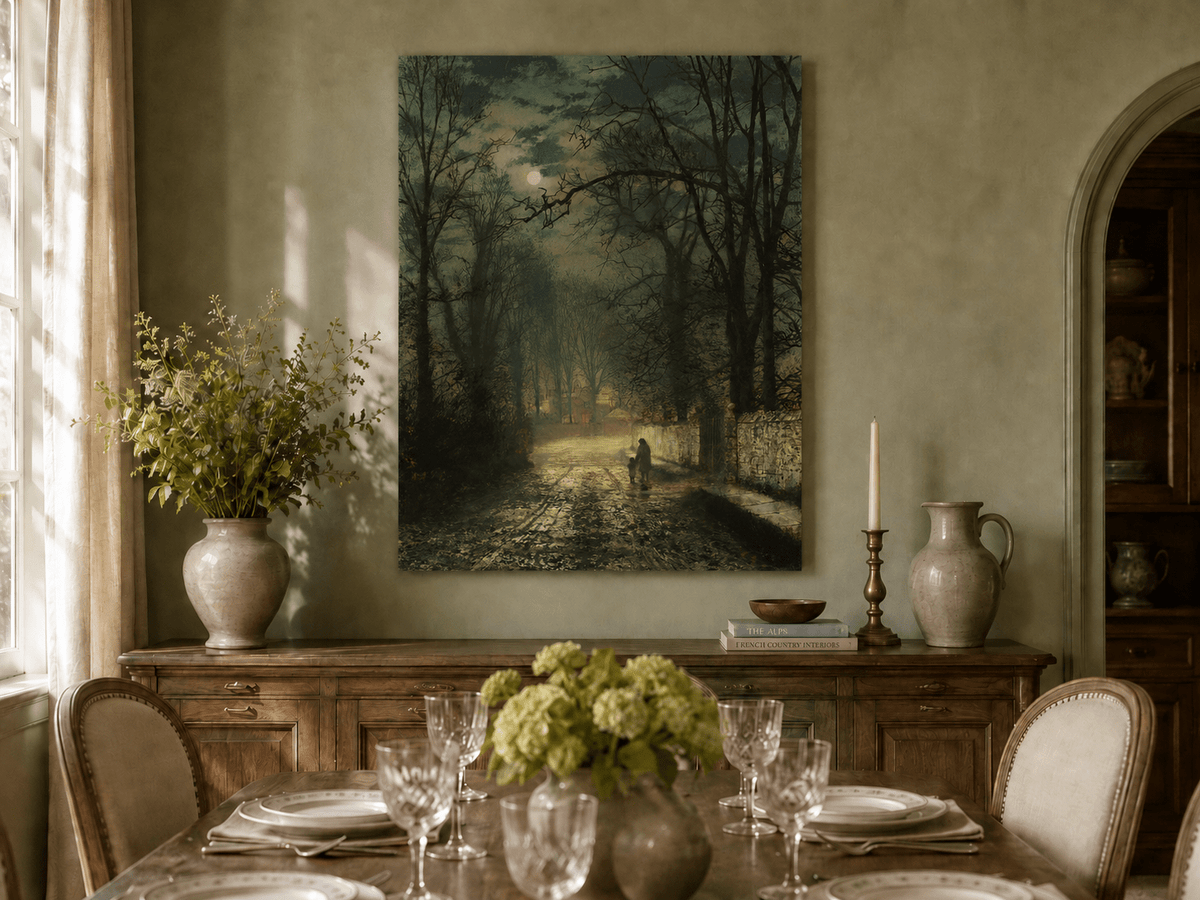 Hand-painted moonlit forest road landscape artwork in an interior display.