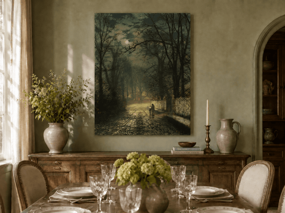 Hand-painted moonlit forest road landscape artwork in an interior display.