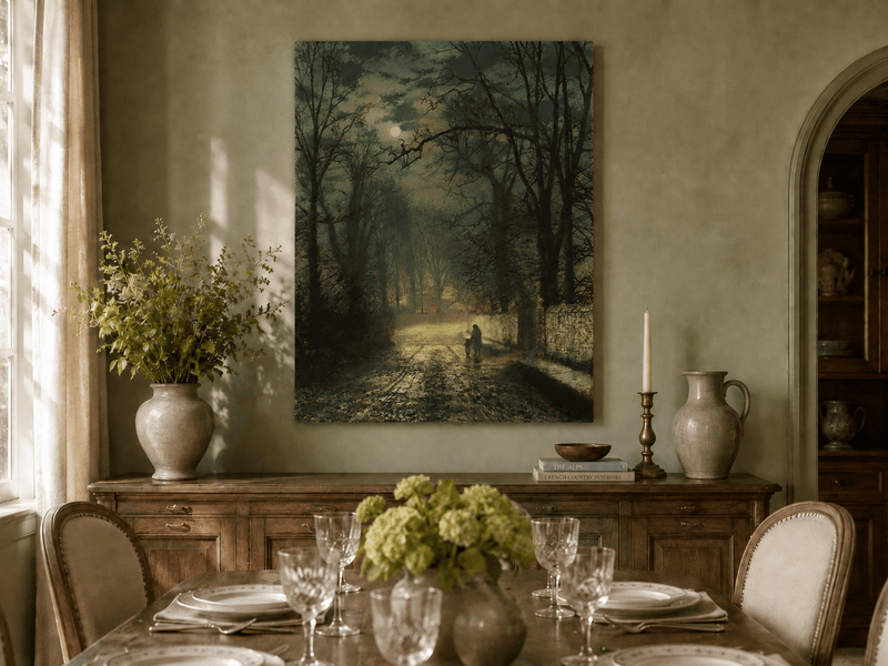 Hand-painted moonlit forest road landscape artwork in an interior display.