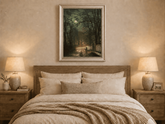 Hand-painted moonlit forest road with figures displayed as decorative wall art.